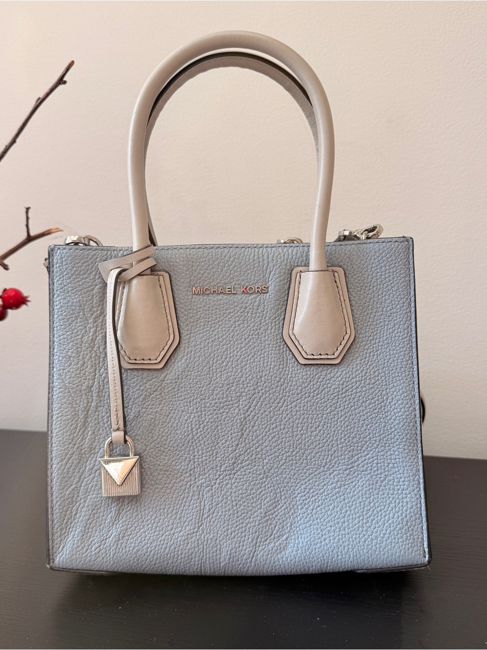 Michael Kors Gray Pebbled Satchel with Cream Handles and Trim